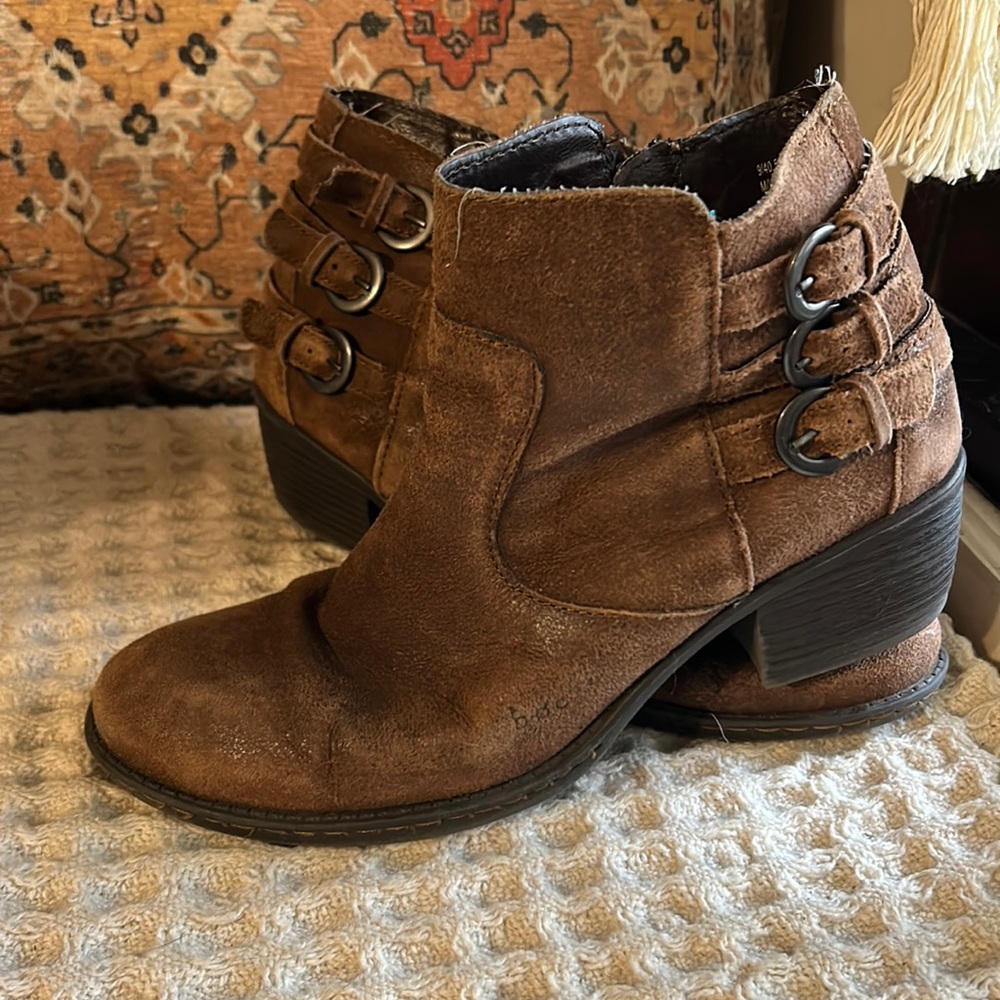 B.O.C. Born 'Cake' Bonny Cognac Weathered Leather Triple Buckle Ankle Boots